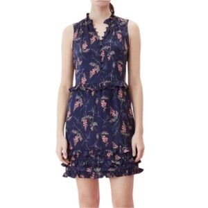 Rebecca Taylor Ivie Navy Silk Floral Ruffle Mini Dress
